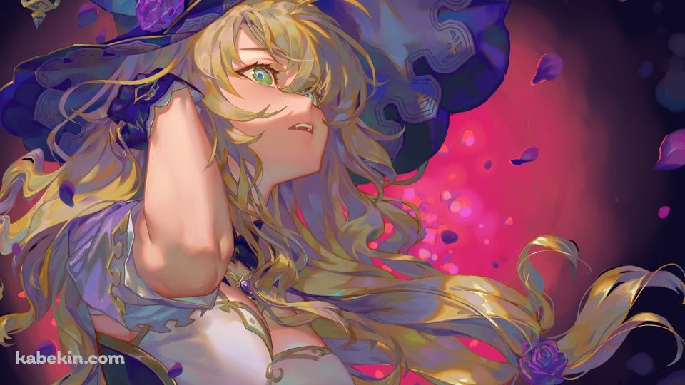 紫の薔薇と髪をおさえるリサ / 原神の壁紙(960px x 540px) 高画質 PC・デスクトップ用