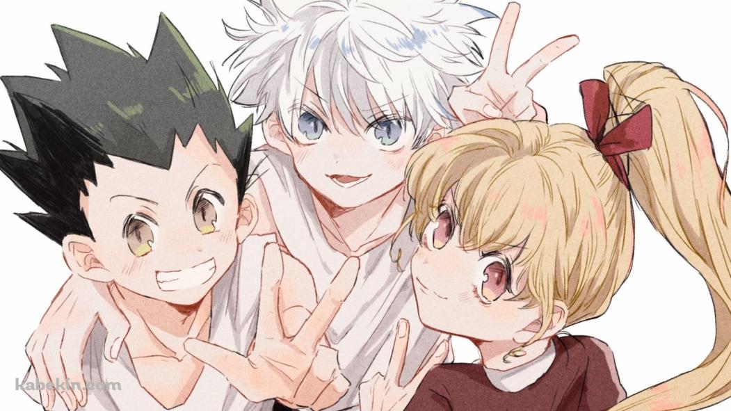 ピースをして笑顔のキルア=ゾルディックとゴン=フリークスとビスケット=クルーガー / ハンターxハンターの壁紙(1051px x 591px) 高画質 PC・デスクトップ用