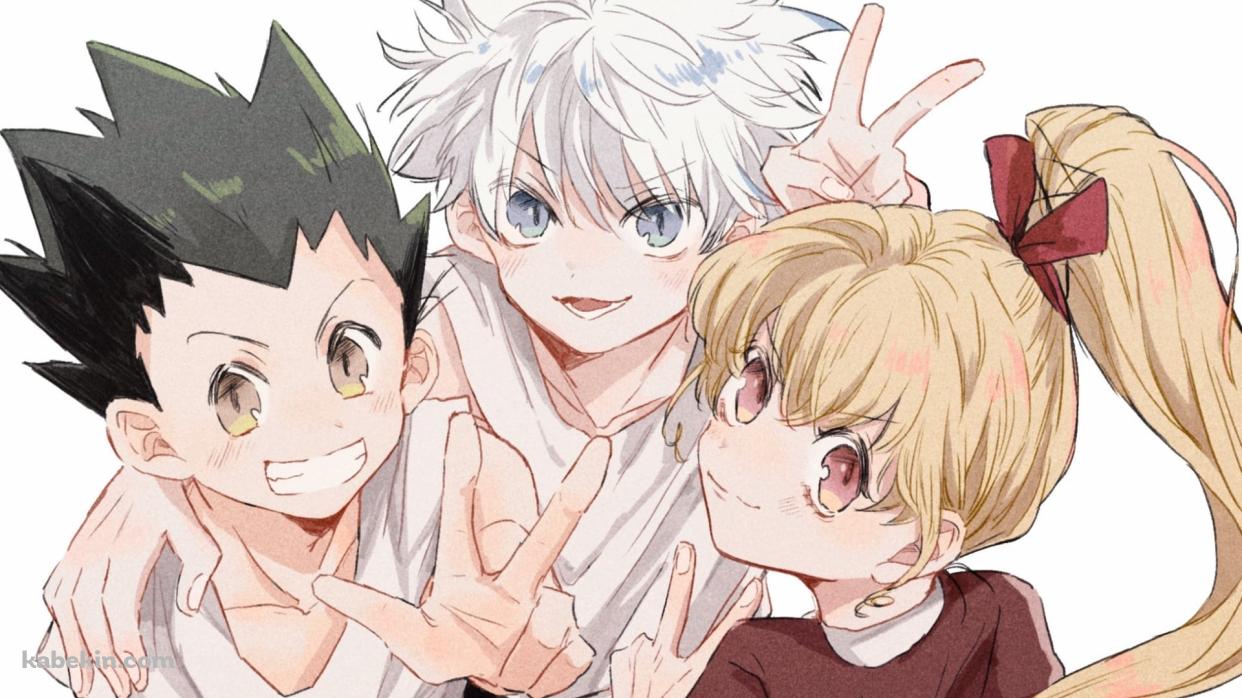 ピースをして笑顔のキルア=ゾルディックとゴン=フリークスとビスケット=クルーガー / ハンターxハンターの壁紙(1242px x 698px) 高画質 PC・デスクトップ用