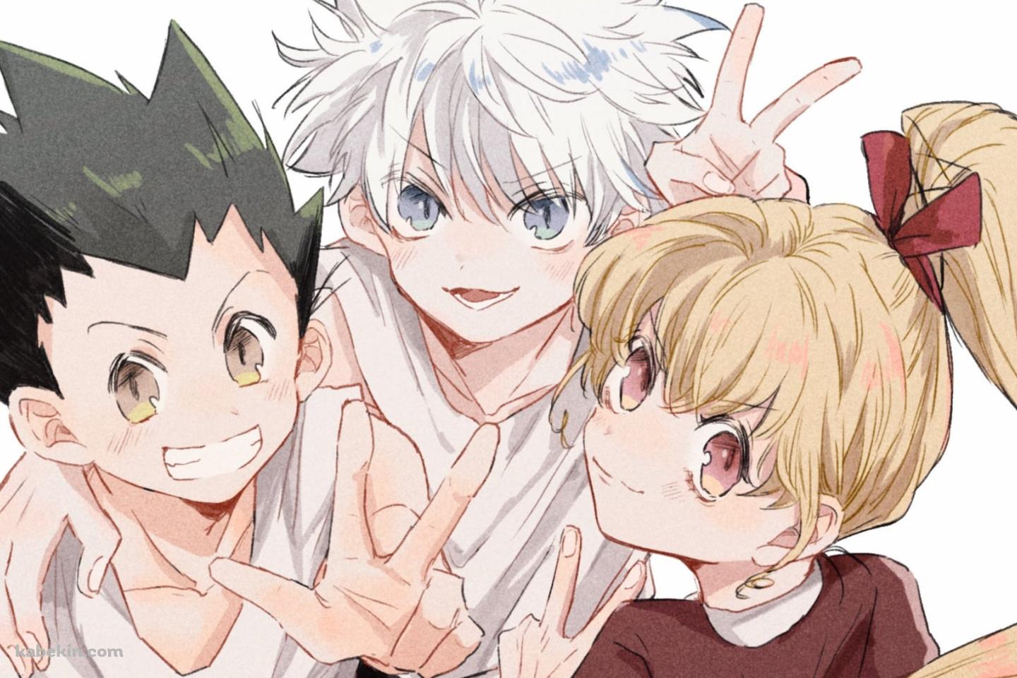 ピースをして笑顔のキルア=ゾルディックとゴン=フリークスとビスケット=クルーガー / ハンターxハンターの壁紙(1440px x 960px) 高画質 PC・デスクトップ用