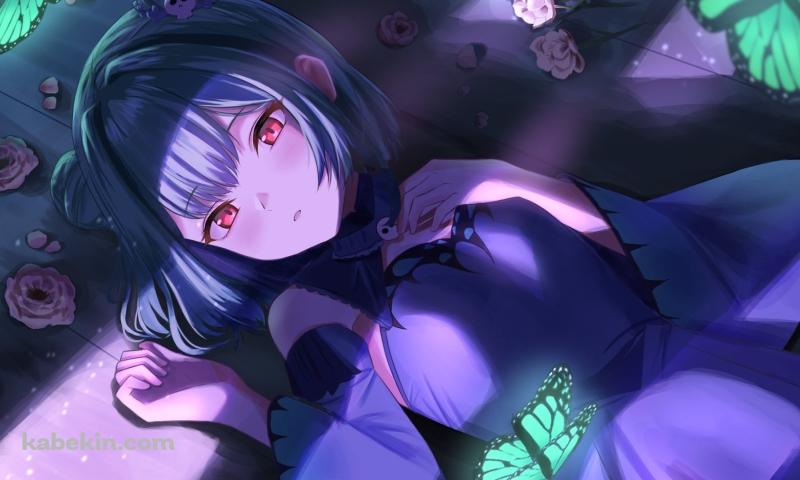 薔薇が散らばる暗い部屋で仰向けに寝る潤羽るしあ / ホロライブ / バーチャルYouTuber / Vtuberの壁紙(800px x 480px) 高画質 PC・デスクトップ用