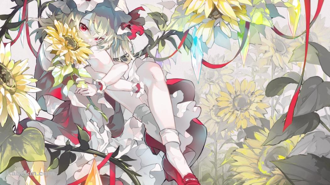 向日葵を持ち足を抱えるフランドール・スカーレット / 東方の壁紙(1051px x 591px) 高画質 PC・デスクトップ用