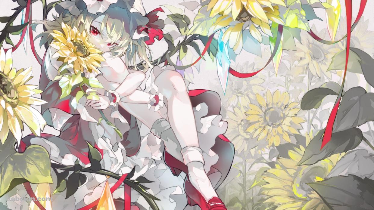 向日葵を持ち足を抱えるフランドール・スカーレット / 東方の壁紙(1242px x 698px) 高画質 PC・デスクトップ用