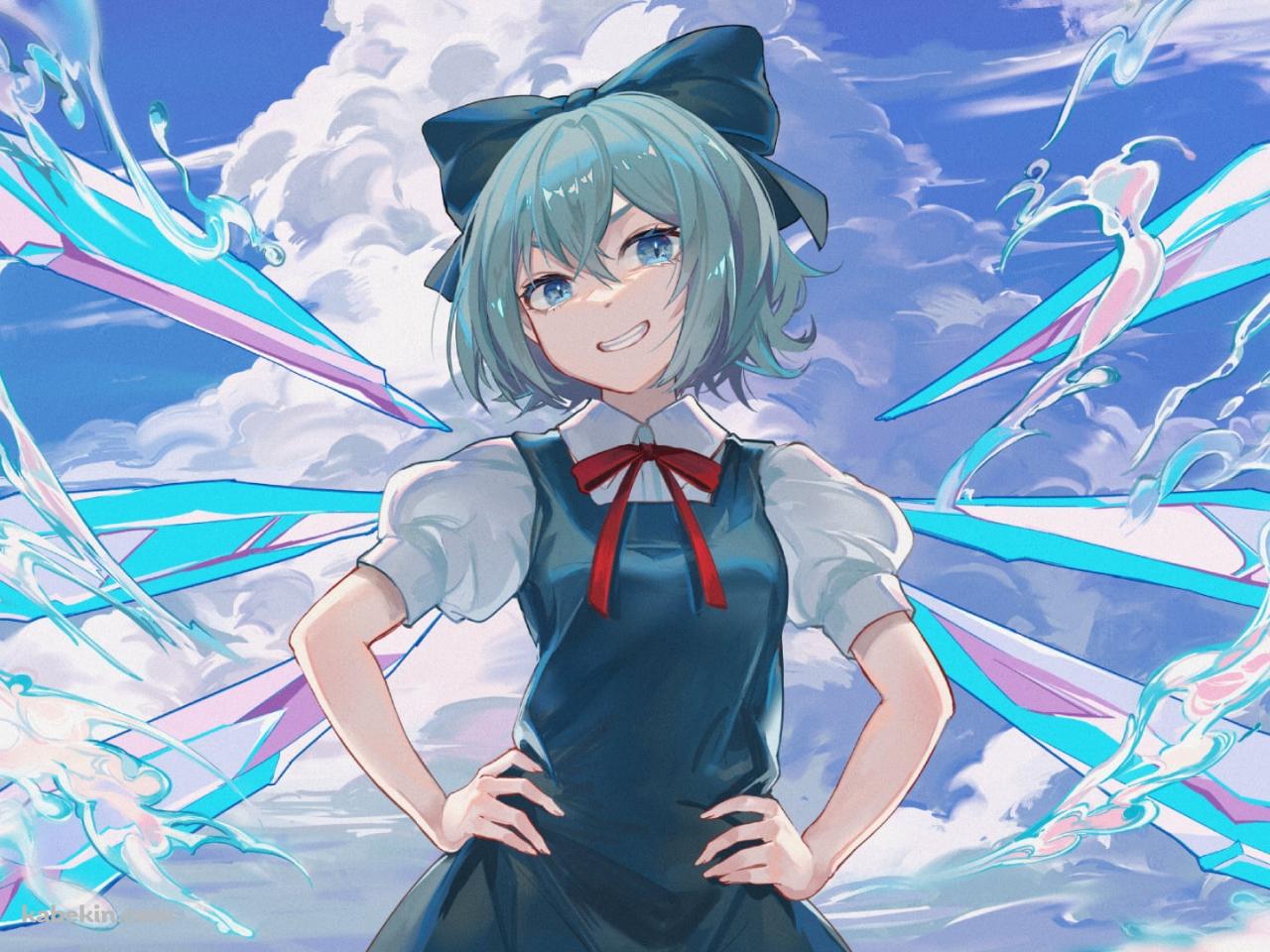 両手を腰にあてて笑顔で立つチルノ / 東方の壁紙(1280px x 960px) 高画質 PC・デスクトップ用