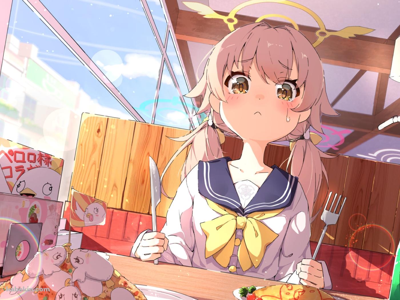 オムライスの前で泣いている阿慈谷ヒフミ / ペロロ様 / ブルアカ / ブルーアーカイブの壁紙(1400px x 1050px) 高画質 PC・デスクトップ用