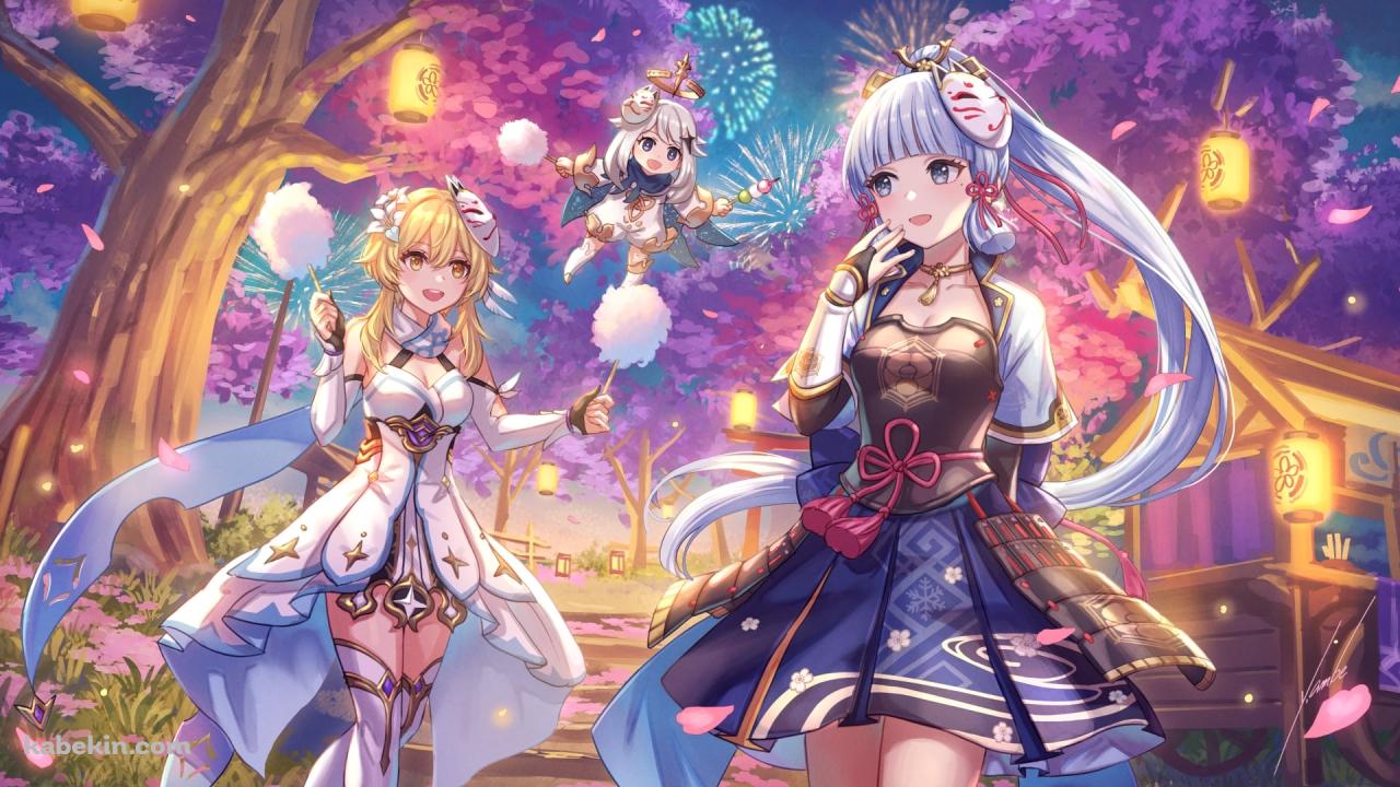 わたあめを持つ蛍とパイモン / 笑顔の神里綾華 / お祭り / 桜の木 / 原神の壁紙(1280px x 720px) 高画質 PC・デスクトップ用