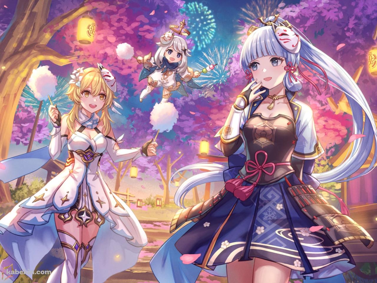 わたあめを持つ蛍とパイモン / 笑顔の神里綾華 / お祭り / 桜の木 / 原神の壁紙(1280px x 960px) 高画質 PC・デスクトップ用