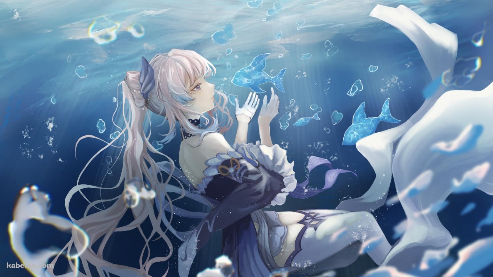 海中で青い魚と戯れる珊瑚宮心海 / 原神の壁紙(1600px x 900px) 高画質 PC・デスクトップ用