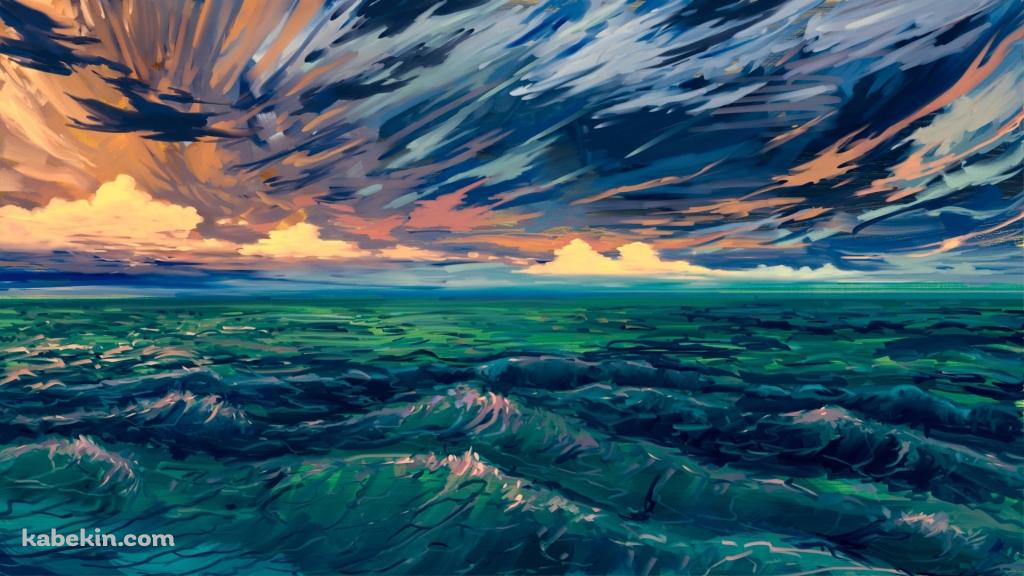 荒れた波 / 海 / 空 / イラストの壁紙(1024px x 576px) 高画質 PC・デスクトップ用