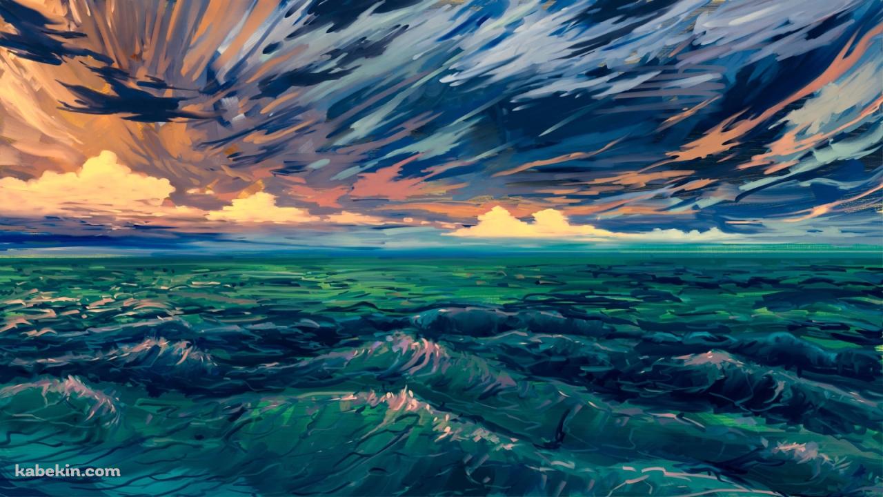 荒れた波 / 海 / 空 / イラストの壁紙(1280px x 720px) 高画質 PC・デスクトップ用