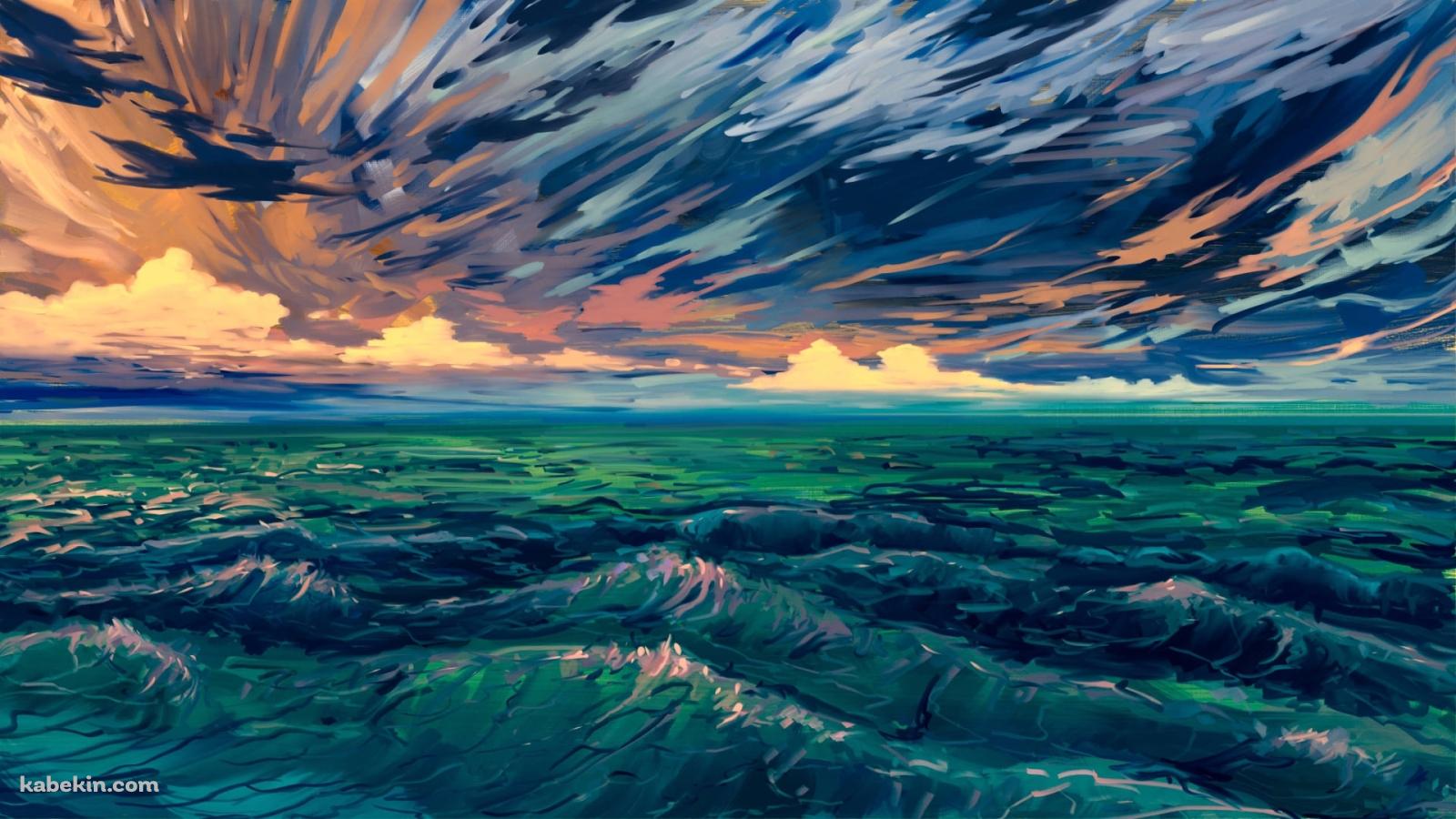荒れた波 / 海 / 空 / イラストの壁紙(1600px x 900px) 高画質 PC・デスクトップ用