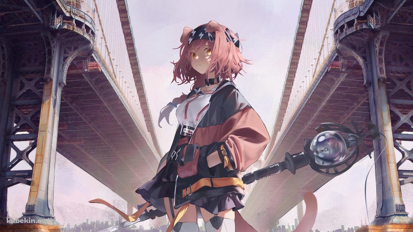 大きな橋の下で佇むゴールデングロウ / アークナイツの壁紙(1366px x 768px) 高画質 PC・デスクトップ用