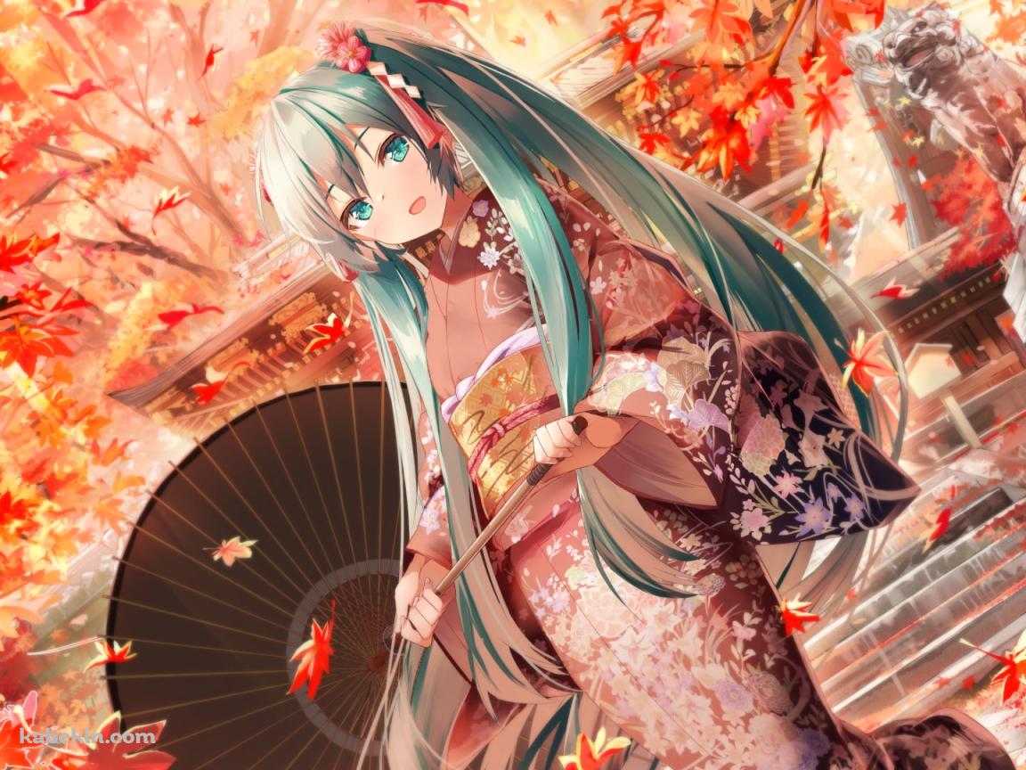綺麗な紅葉と黒い和傘をさす可愛い初音ミク / ボカロ / ボーカロイドの壁紙(1152px x 864px) 高画質 PC・デスクトップ用