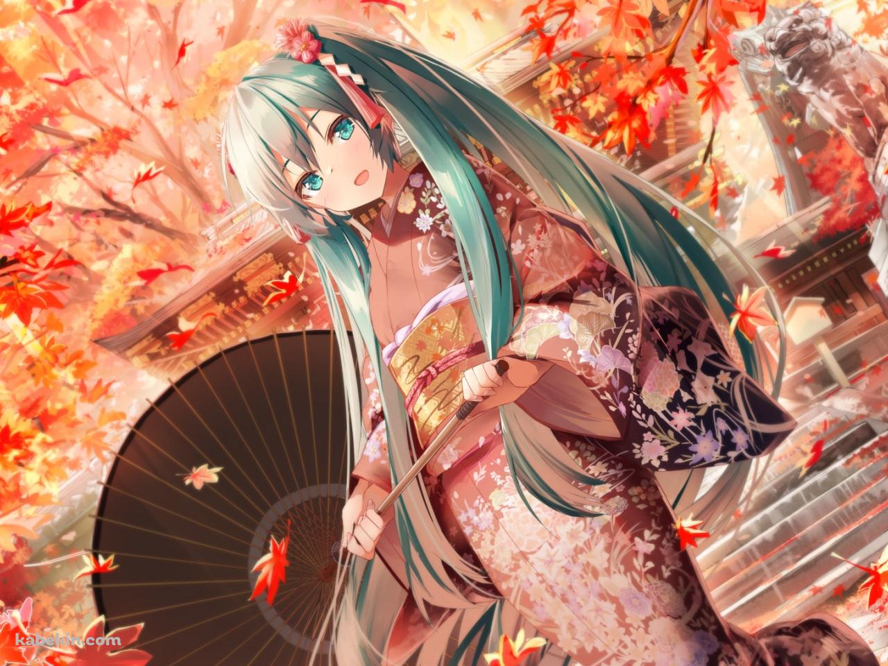 綺麗な紅葉と黒い和傘をさす可愛い初音ミク / ボカロ / ボーカロイドの壁紙(1280px x 960px) 高画質 PC・デスクトップ用