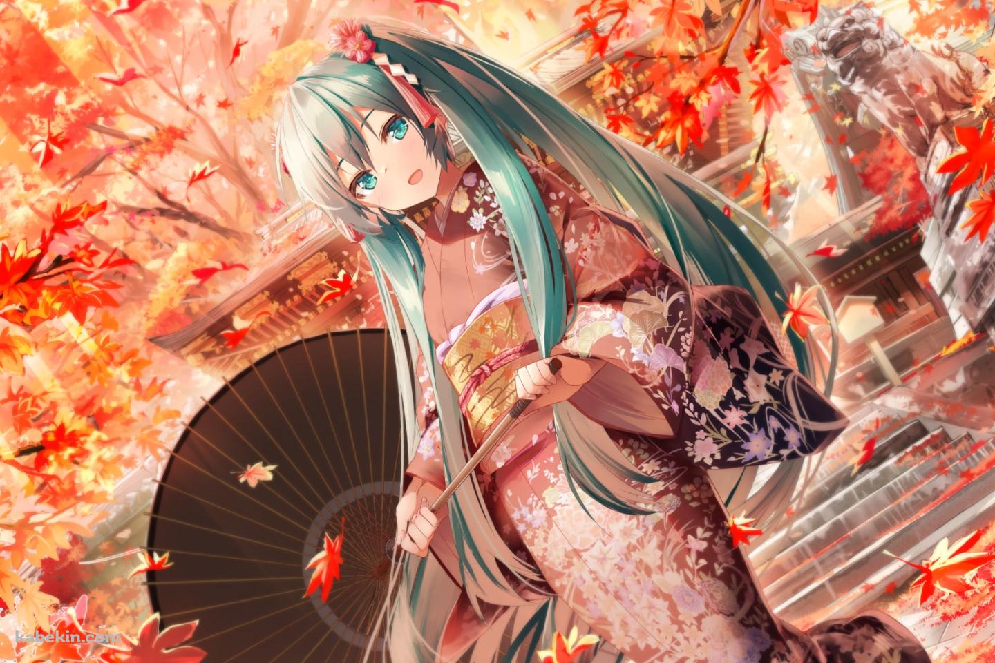 綺麗な紅葉と黒い和傘をさす可愛い初音ミク / ボカロ / ボーカロイドの壁紙(1440px x 960px) 高画質 PC・デスクトップ用