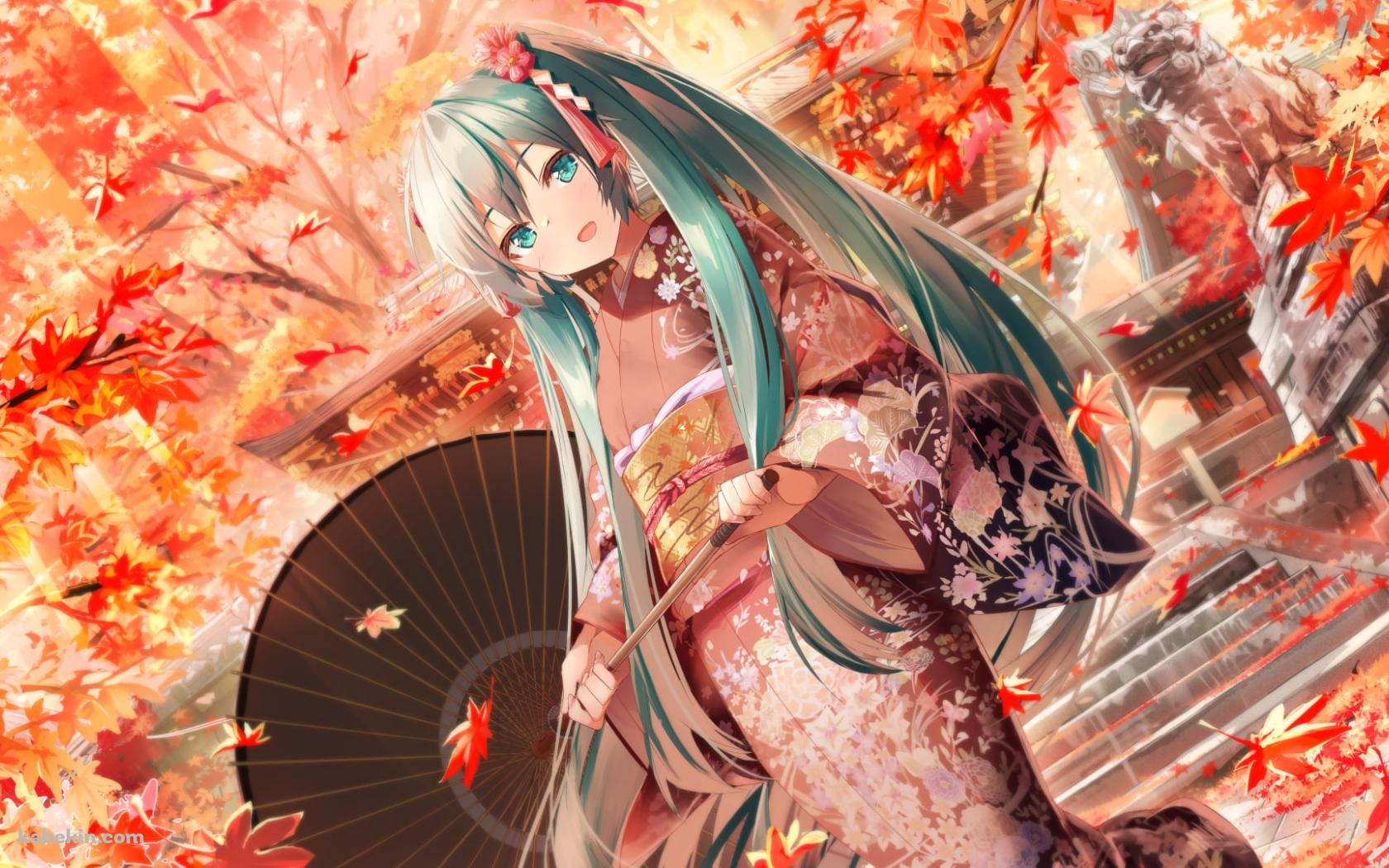綺麗な紅葉と黒い和傘をさす可愛い初音ミク / ボカロ / ボーカロイド