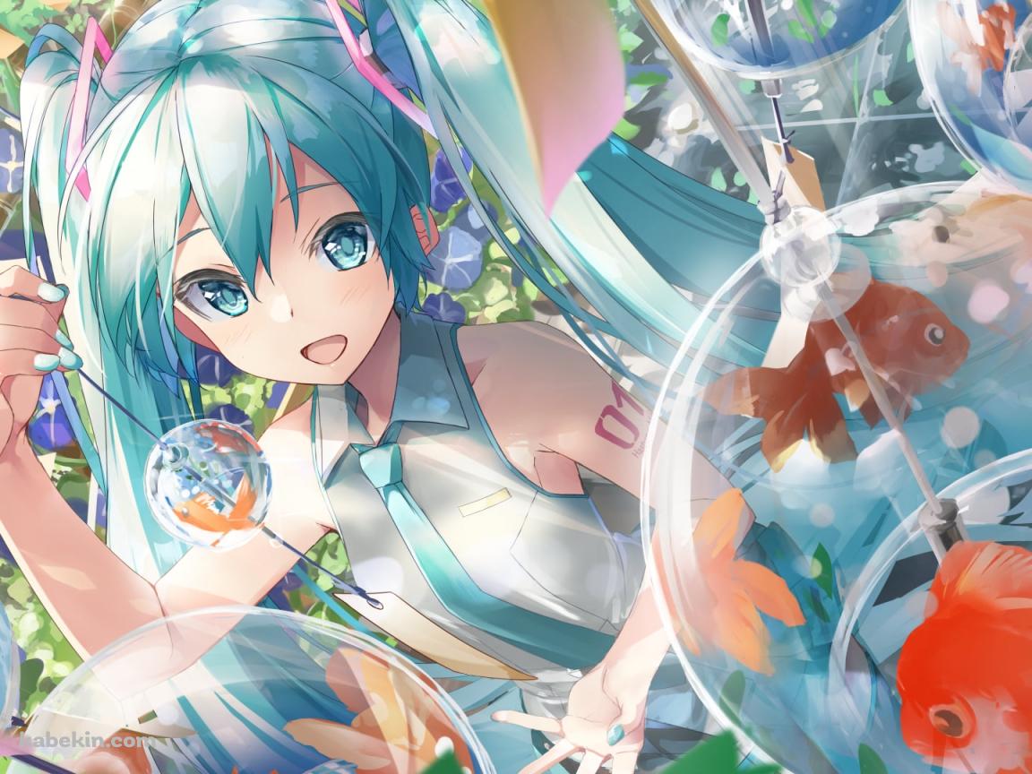 金魚の入った風鈴を持つ可愛い初音ミク / ボカロ / ボーカロイドの壁紙(1152px x 864px) 高画質 PC・デスクトップ用