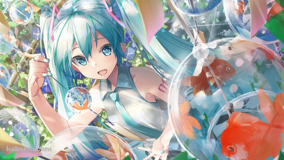 金魚の入った風鈴を持つ可愛い初音ミク / ボカロ / ボーカロイドの壁紙(960px x 540px) 高画質 PC・デスクトップ用
