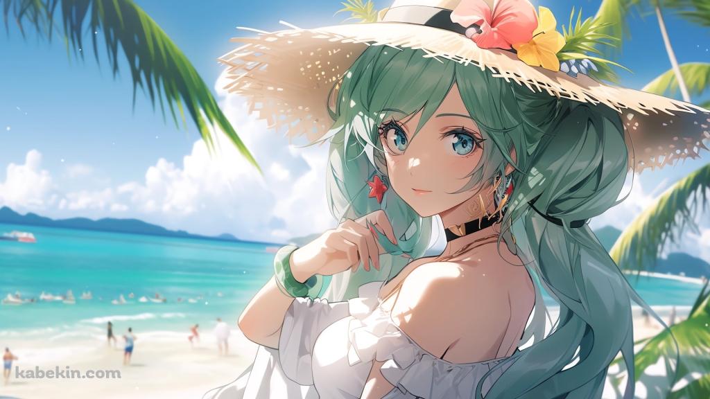 海辺で麦わら帽子をかぶった大人っぽい初音ミク / ヒトデのイヤリング / 海 / 南国 / ボカロ / ボーカロイドの壁紙(1024px x 576px) 高画質 PC・デスクトップ用