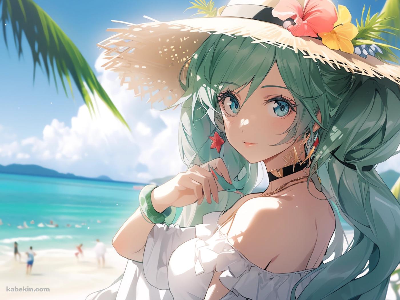 海辺で麦わら帽子をかぶった大人っぽい初音ミク / ヒトデのイヤリング / 海 / 南国 / ボカロ / ボーカロイドの壁紙(1400px x 1050px) 高画質 PC・デスクトップ用