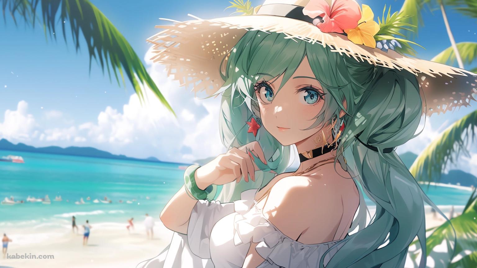 海辺で麦わら帽子をかぶった大人っぽい初音ミク / ヒトデのイヤリング / 海 / 南国 / ボカロ / ボーカロイドの壁紙(1536px x 864px) 高画質 PC・デスクトップ用