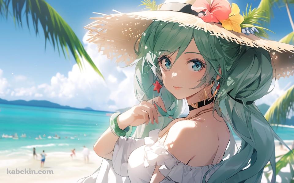 海辺で麦わら帽子をかぶった大人っぽい初音ミク / ヒトデのイヤリング / 海 / 南国 / ボカロ / ボーカロイドの壁紙(960px x 600px) 高画質 PC・デスクトップ用