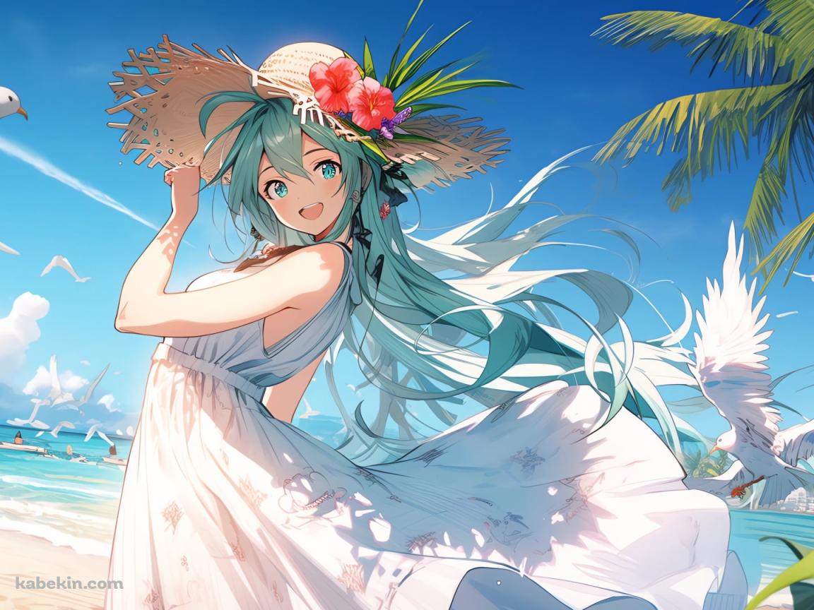 麦わら帽子をおさえる可愛い髪をおろした初音ミク / 南国 / 白い鳥 / 海 / ボカロ / ボーカロイドの壁紙(1152px x 864px) 高画質 PC・デスクトップ用