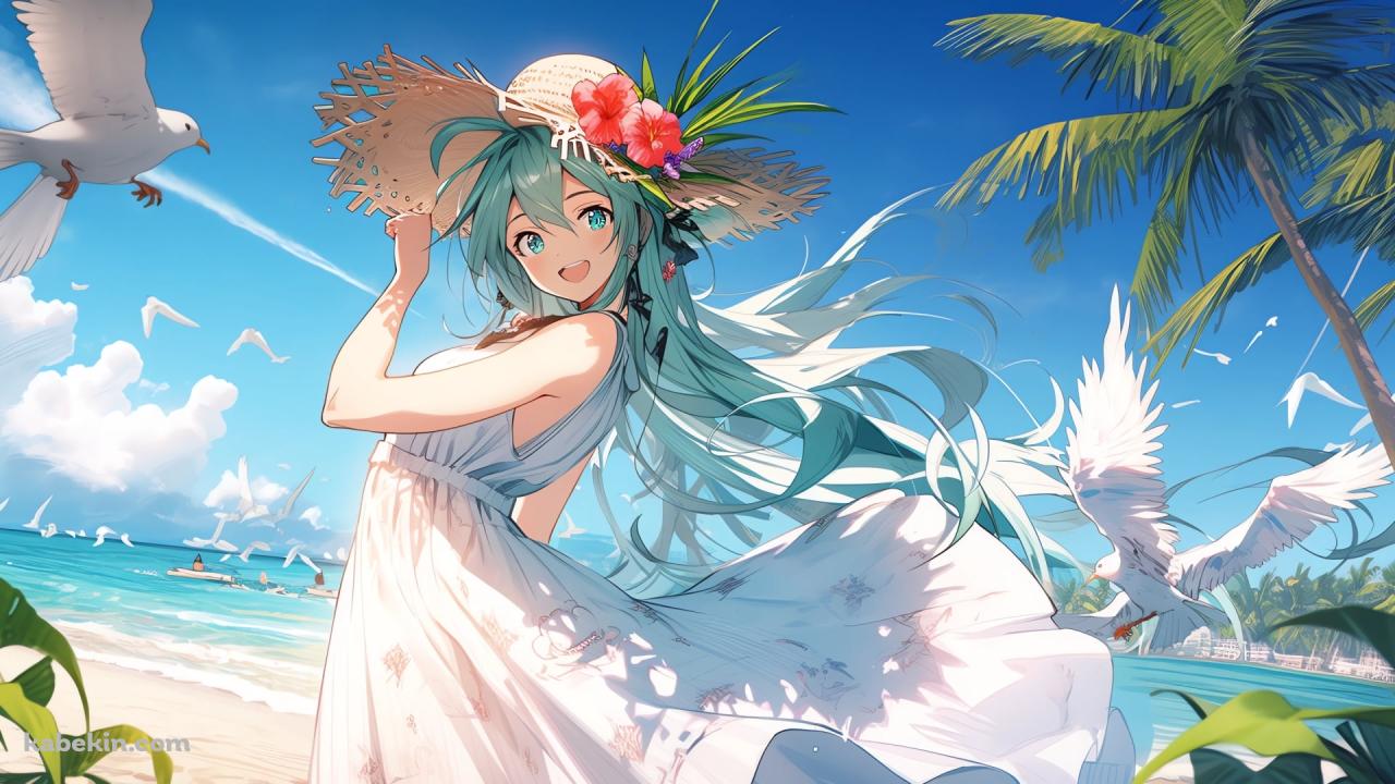 麦わら帽子をおさえる可愛い髪をおろした初音ミク / 南国 / 白い鳥 / 海 / ボカロ / ボーカロイドの壁紙(1280px x 720px) 高画質 PC・デスクトップ用