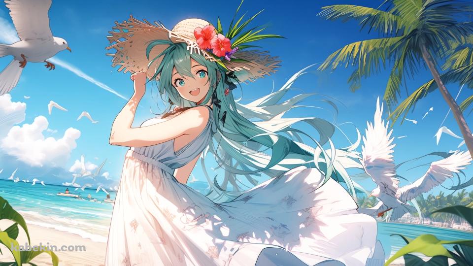麦わら帽子をおさえる可愛い髪をおろした初音ミク / 南国 / 白い鳥 / 海 / ボカロ / ボーカロイドの壁紙(960px x 540px) 高画質 PC・デスクトップ用