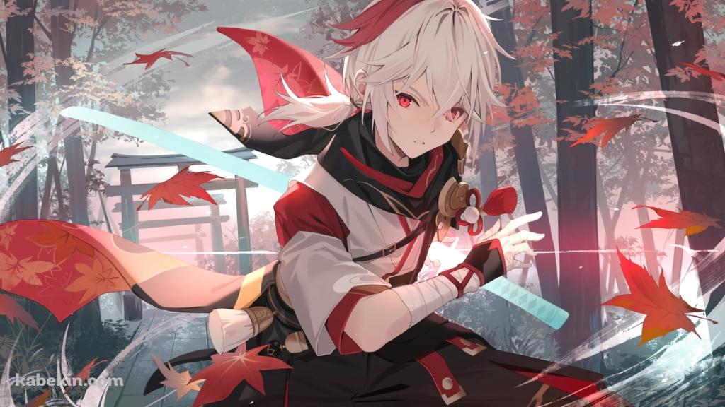 舞い散る楓の中、居合切りするかっこいい楓原万葉 / 原神の壁紙(1024px x 576px) 高画質 PC・デスクトップ用