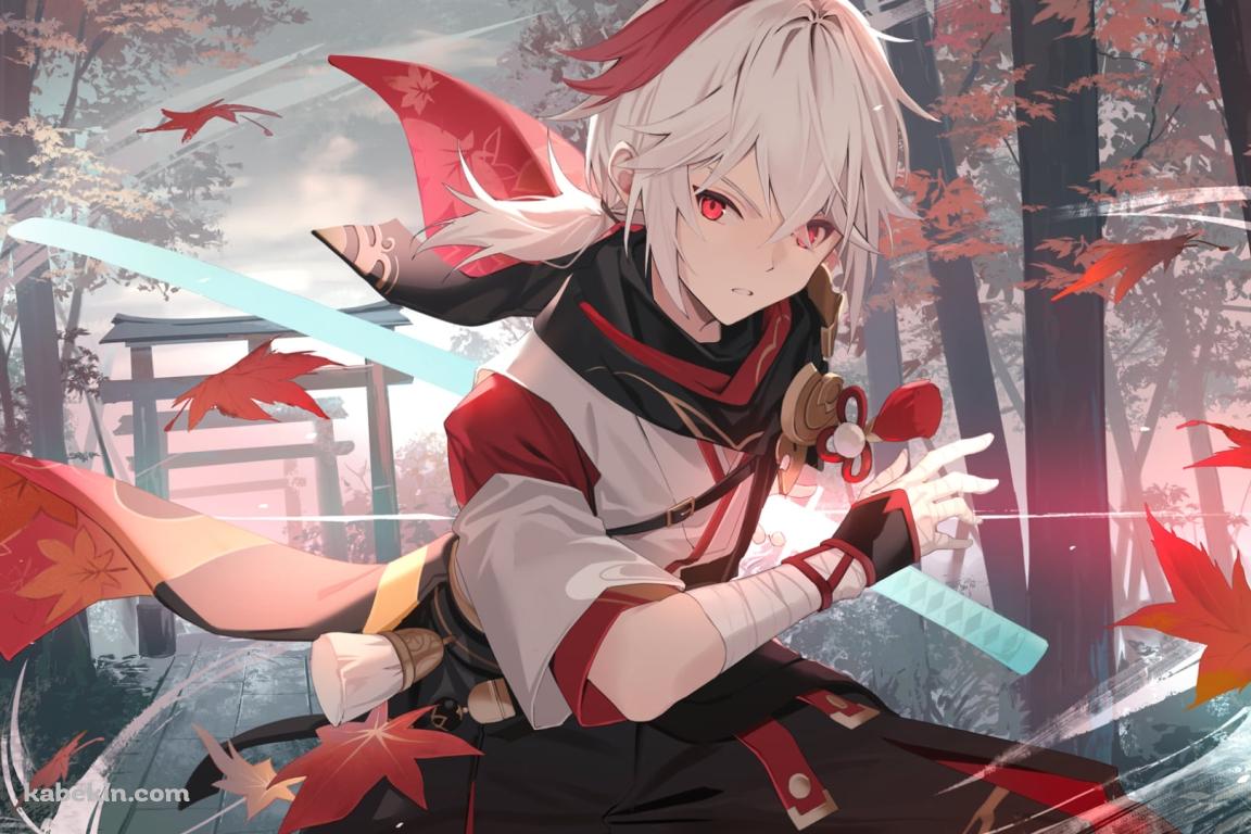 舞い散る楓の中、居合切りするかっこいい楓原万葉 / 原神の壁紙(1152px x 768px) 高画質 PC・デスクトップ用
