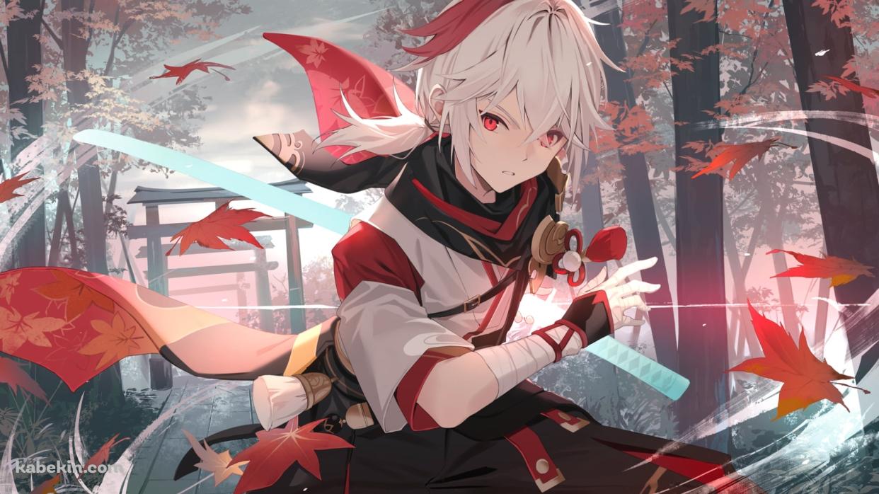 舞い散る楓の中、居合切りするかっこいい楓原万葉 / 原神の壁紙(1242px x 698px) 高画質 PC・デスクトップ用