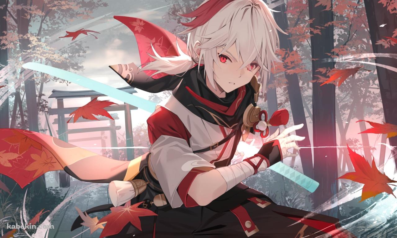 舞い散る楓の中、居合切りするかっこいい楓原万葉 / 原神の壁紙(1280px x 768px) 高画質 PC・デスクトップ用