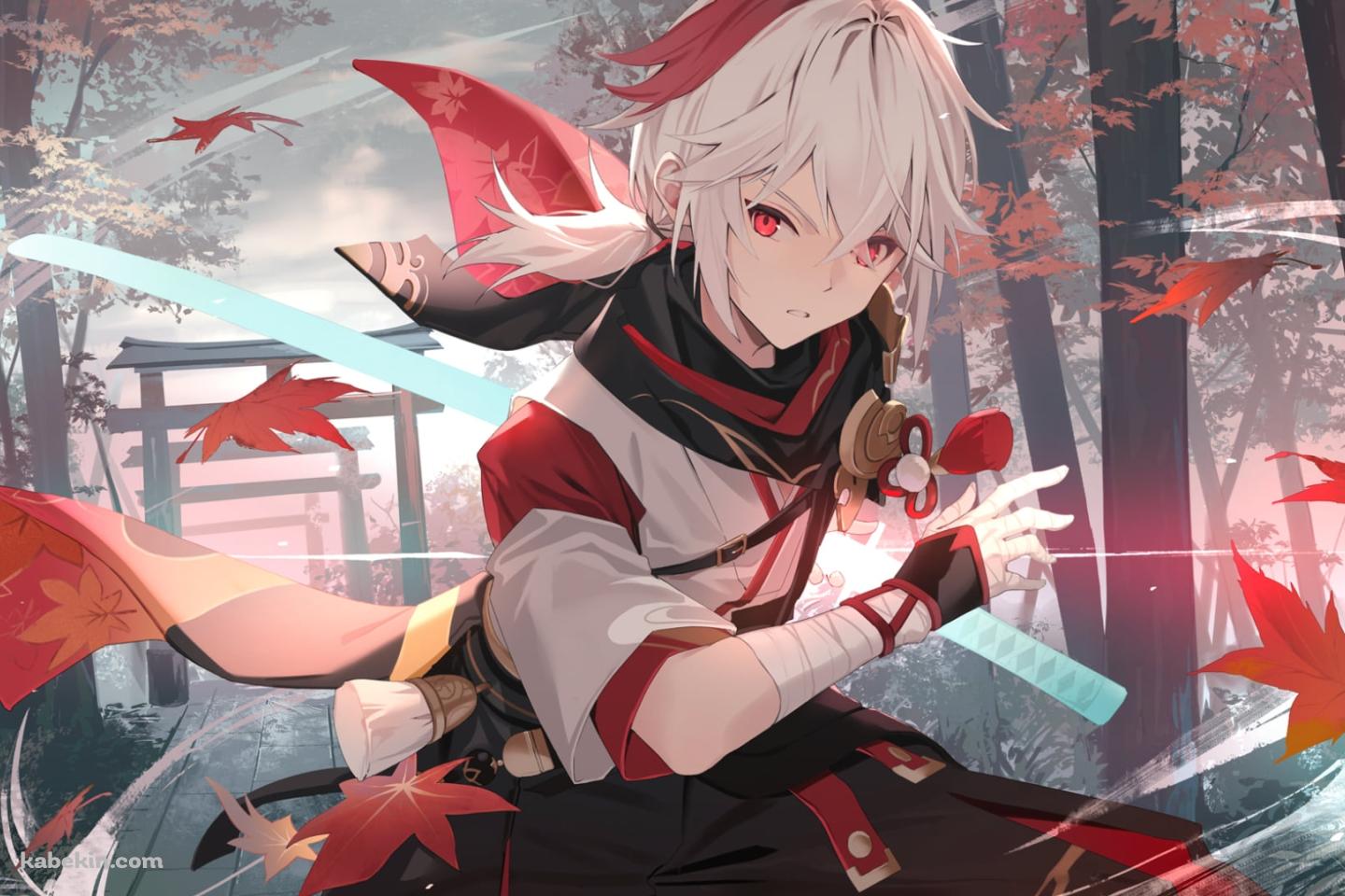 舞い散る楓の中、居合切りするかっこいい楓原万葉 / 原神の壁紙(1440px x 960px) 高画質 PC・デスクトップ用