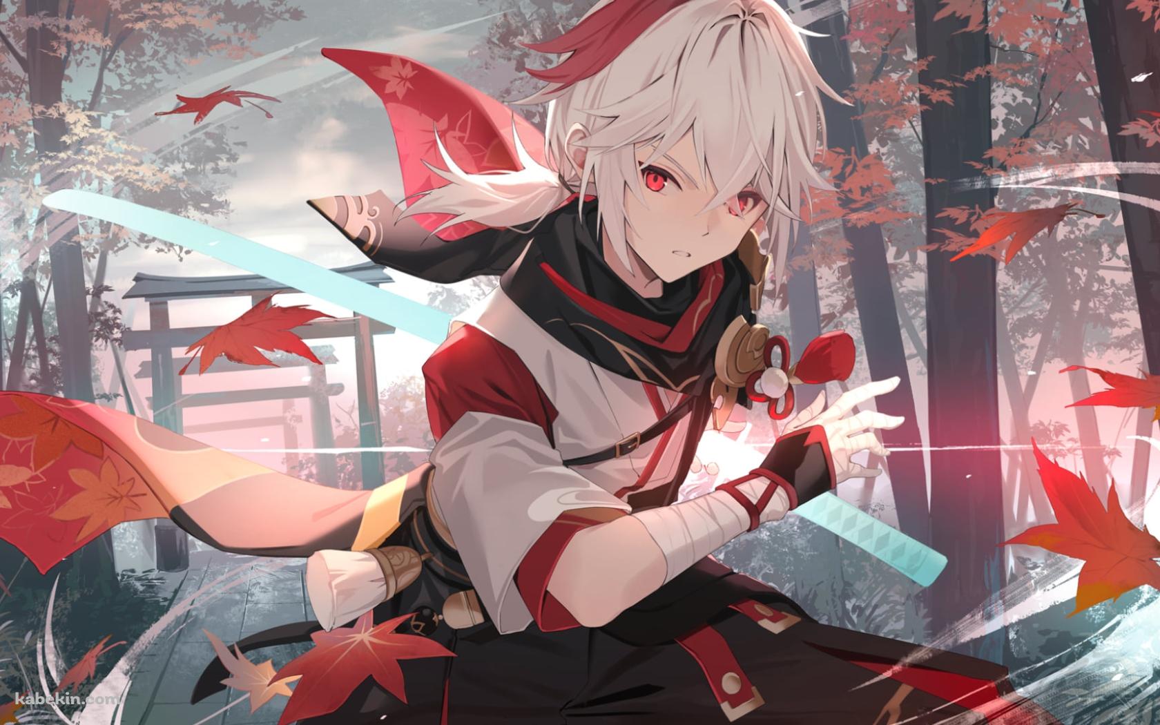 舞い散る楓の中、居合切りするかっこいい楓原万葉 / 原神の壁紙(1680px x 1050px) 高画質 PC・デスクトップ用
