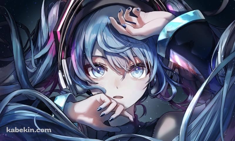 顔に両手をあてる綺麗な初音ミク / 星空 / ボカロ / ボーカロイドの壁紙(800px x 480px) 高画質 PC・デスクトップ用