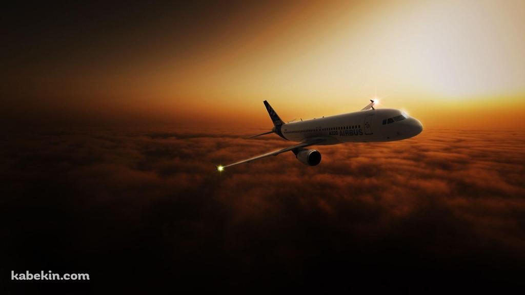 夕陽と空飛ぶエアバスA320 / Airbus A320の壁紙(1024px x 576px) 高画質 PC・デスクトップ用
