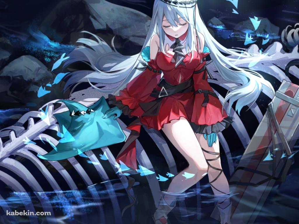 クジラの骨の上に座って目をつぶる濁心スカジ / アークナイツの壁紙(1024px x 768px) 高画質 PC・デスクトップ用