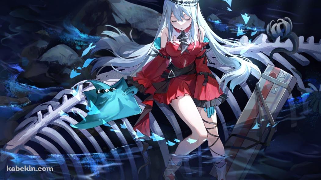 クジラの骨の上に座って目をつぶる濁心スカジ / アークナイツの壁紙(1051px x 591px) 高画質 PC・デスクトップ用