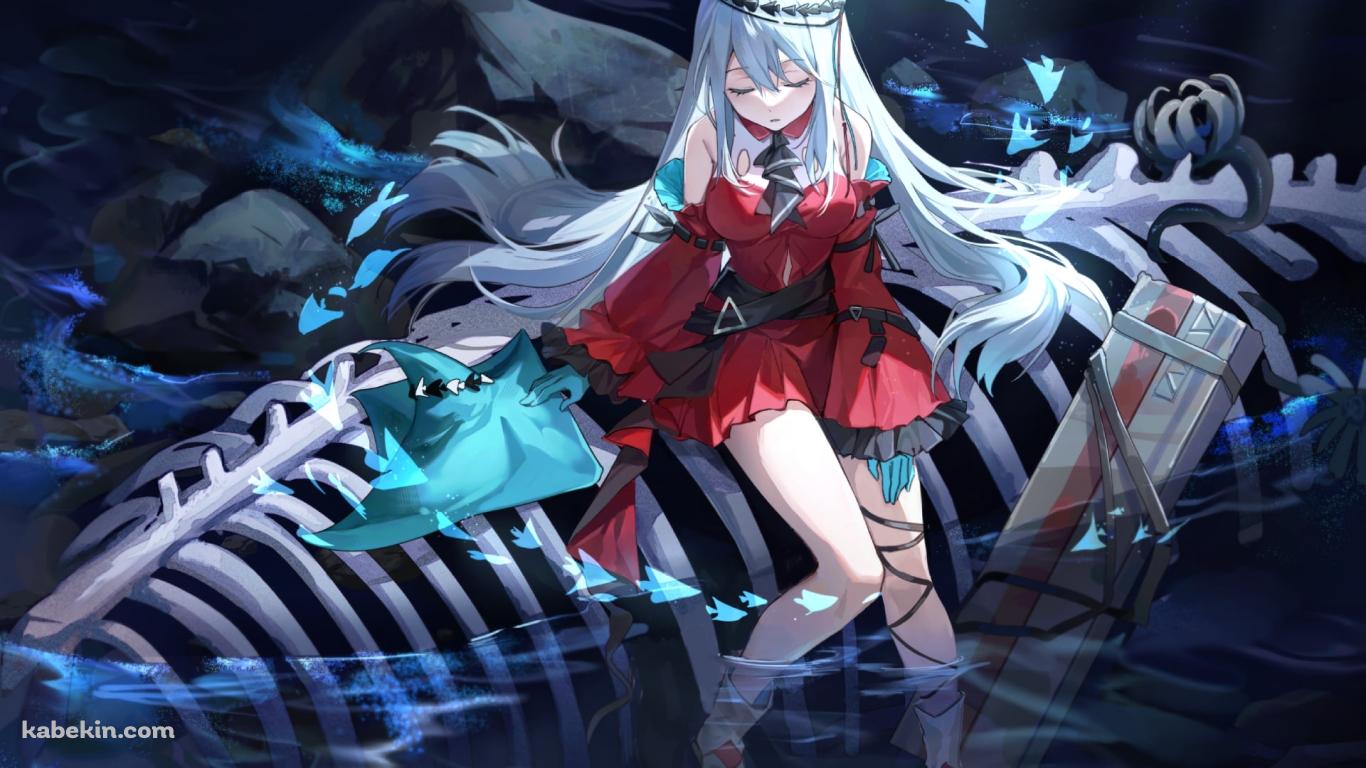 クジラの骨の上に座って目をつぶる濁心スカジ / アークナイツの壁紙(1366px x 768px) 高画質 PC・デスクトップ用