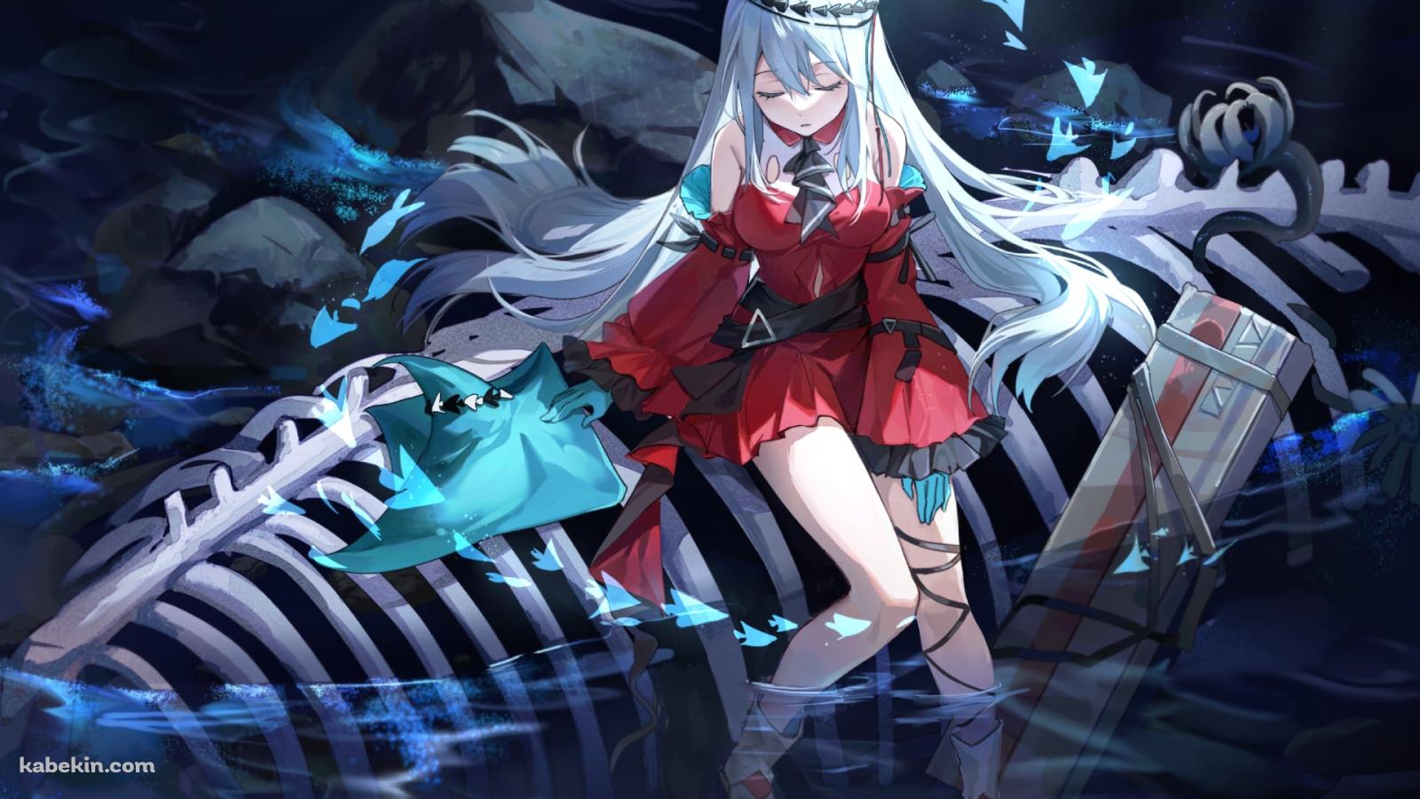 クジラの骨の上に座って目をつぶる濁心スカジ / アークナイツの壁紙(1600px x 900px) 高画質 PC・デスクトップ用