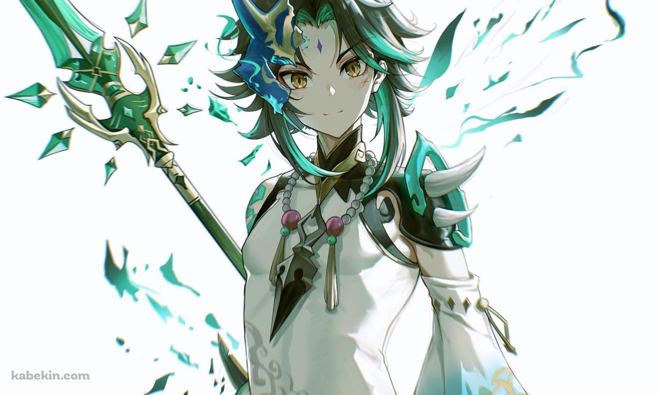 緑の槍を持つ凛々しい魈 / 正面 / 原神の壁紙(1280px x 768px) 高画質 PC・デスクトップ用