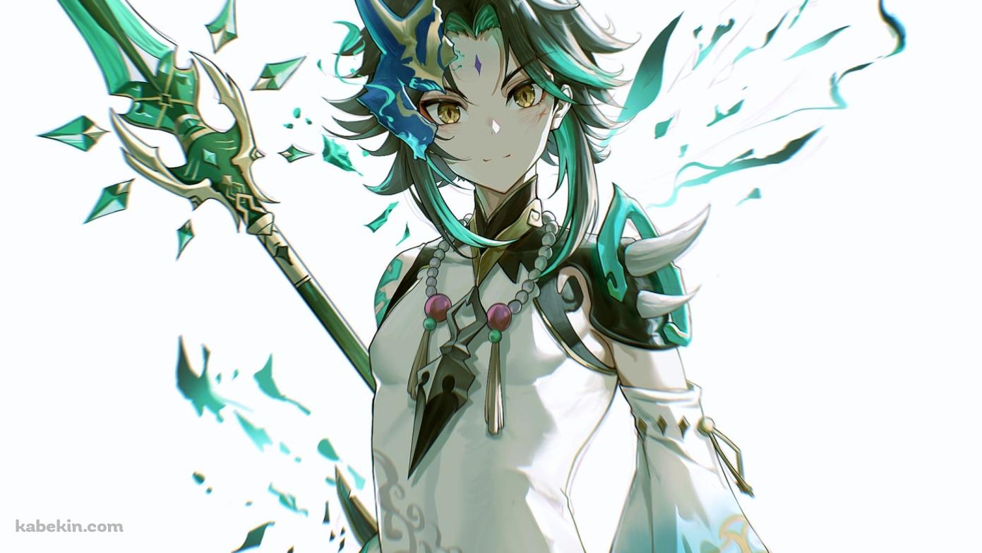 緑の槍を持つ凛々しい魈 / 正面 / 原神の壁紙(1391px x 783px) 高画質 PC・デスクトップ用