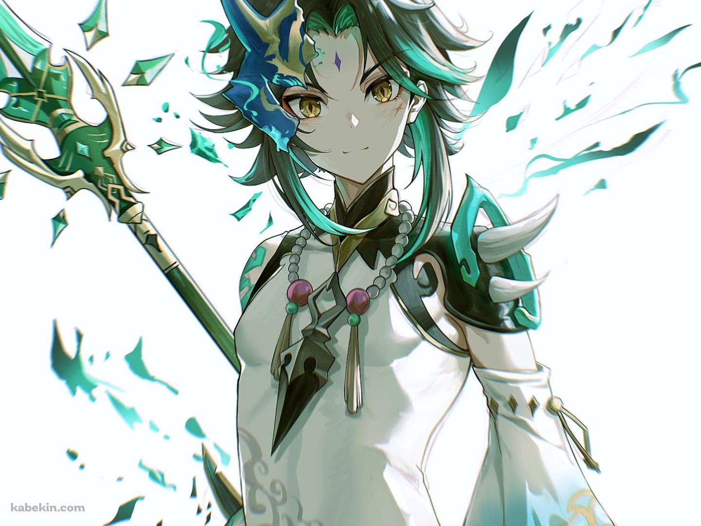 緑の槍を持つ凛々しい魈 / 正面 / 原神の壁紙(1440px x 1080px) 高画質 PC・デスクトップ用