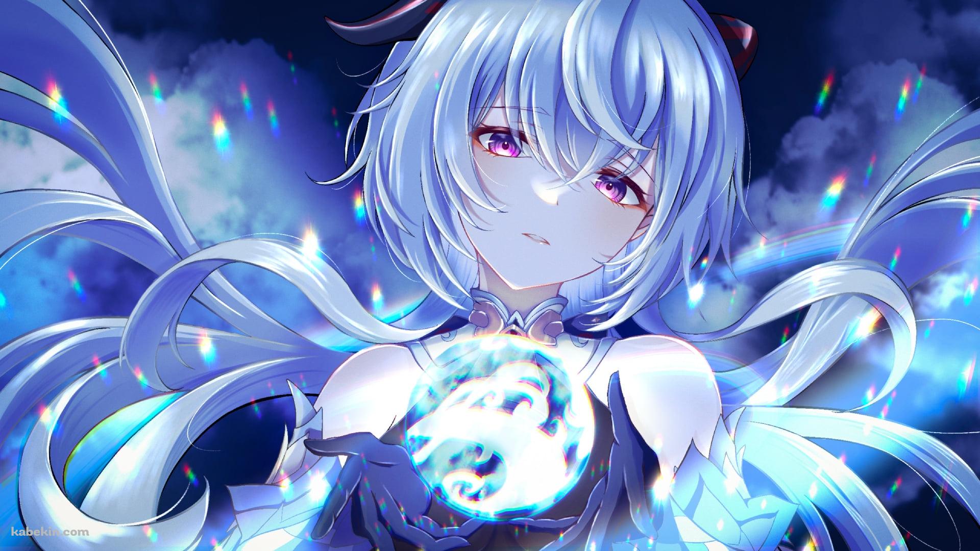 降り注ぐ光の中、光る玉を持つ甘雨 / 原神の壁紙(1920px x 1080px) 高画質 PC・デスクトップ用