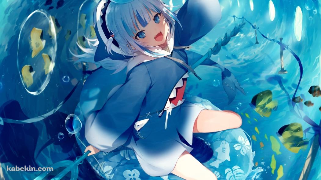 鮫のイラストが描いた浮き輪に乗ってはしゃぐがうる・ぐら / ホロライブ / バーチャルYouTuber / Vtuberの壁紙(1051px x 591px) 高画質 PC・デスクトップ用