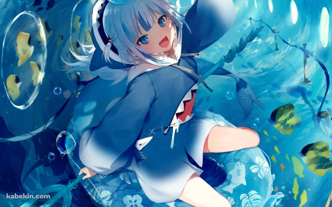 鮫のイラストが描いた浮き輪に乗ってはしゃぐがうる・ぐら / ホロライブ / バーチャルYouTuber / Vtuberの壁紙(1152px x 720px) 高画質 PC・デスクトップ用