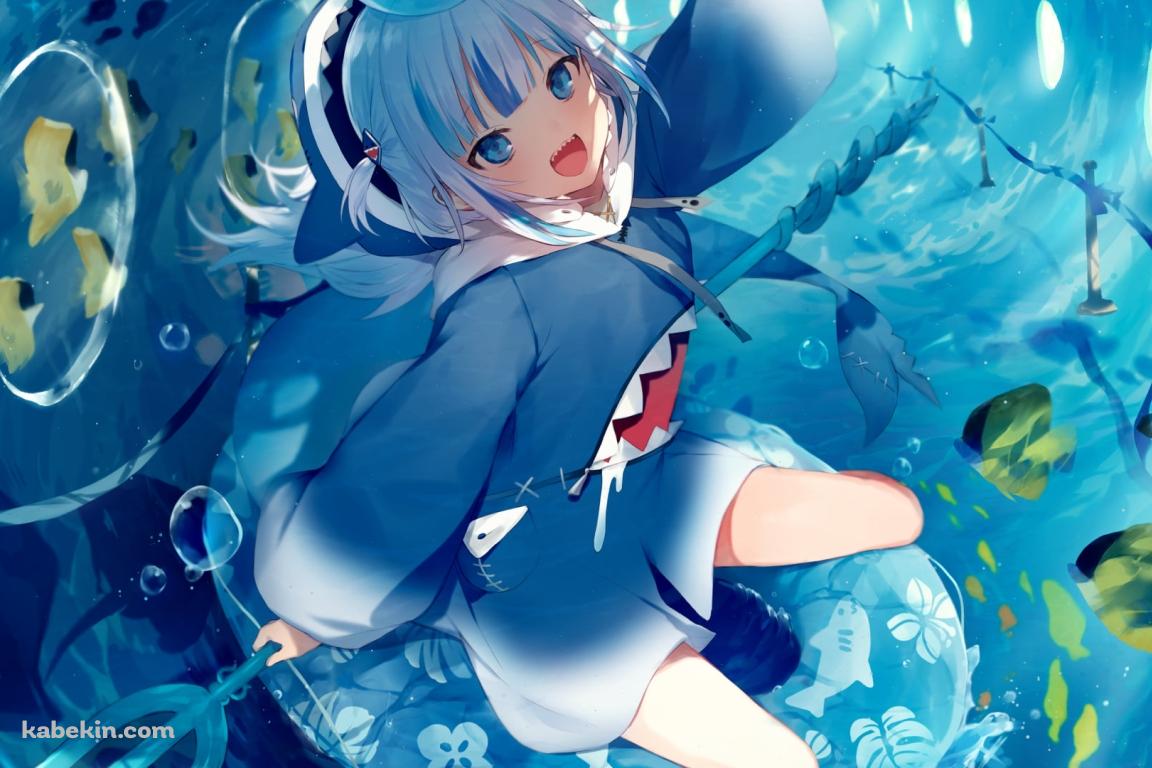 鮫のイラストが描いた浮き輪に乗ってはしゃぐがうる・ぐら / ホロライブ / バーチャルYouTuber / Vtuberの壁紙(1152px x 768px) 高画質 PC・デスクトップ用