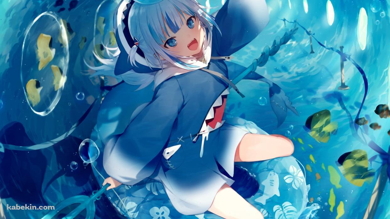 鮫のイラストが描いた浮き輪に乗ってはしゃぐがうる・ぐら / ホロライブ / バーチャルYouTuber / Vtuberの壁紙(1242px x 698px) 高画質 PC・デスクトップ用