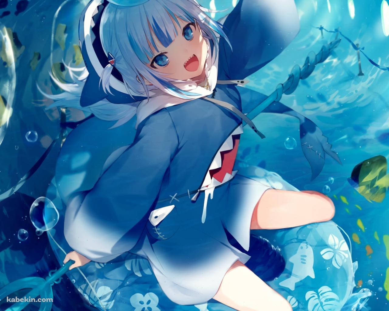 鮫のイラストが描いた浮き輪に乗ってはしゃぐがうる・ぐら / ホロライブ / バーチャルYouTuber / Vtuberの壁紙(1280px x 1024px) 高画質 PC・デスクトップ用
